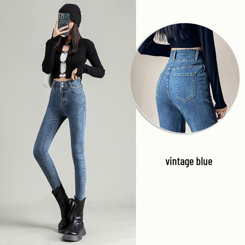 Women's Blue-Gray Fleece-Lined High-Waisted Slim-Fit Denim Pants - 2023 Autumn/Winter Style