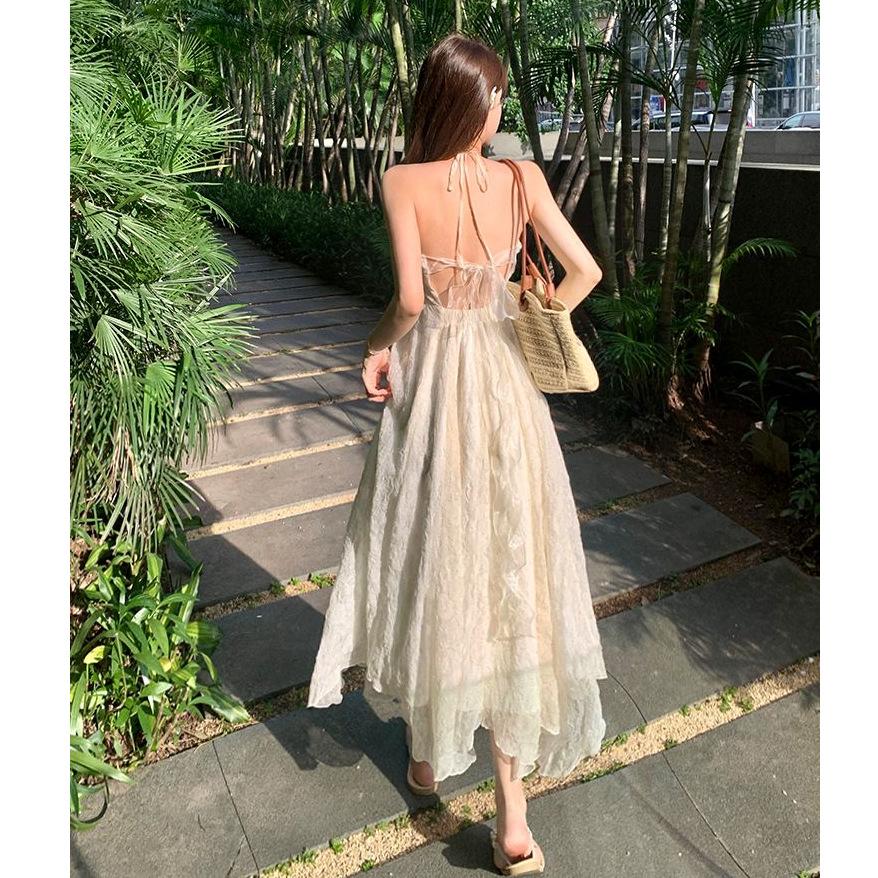 Pure desire wind neck strap suspender dress women's summer seaside vacation French backless high-end white dress