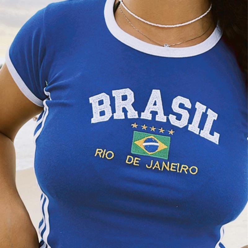 Y2K Retro Summer T-shirt Embroidered Letter Pattern Short Sleeve Open Navel Short Dress Women's Top