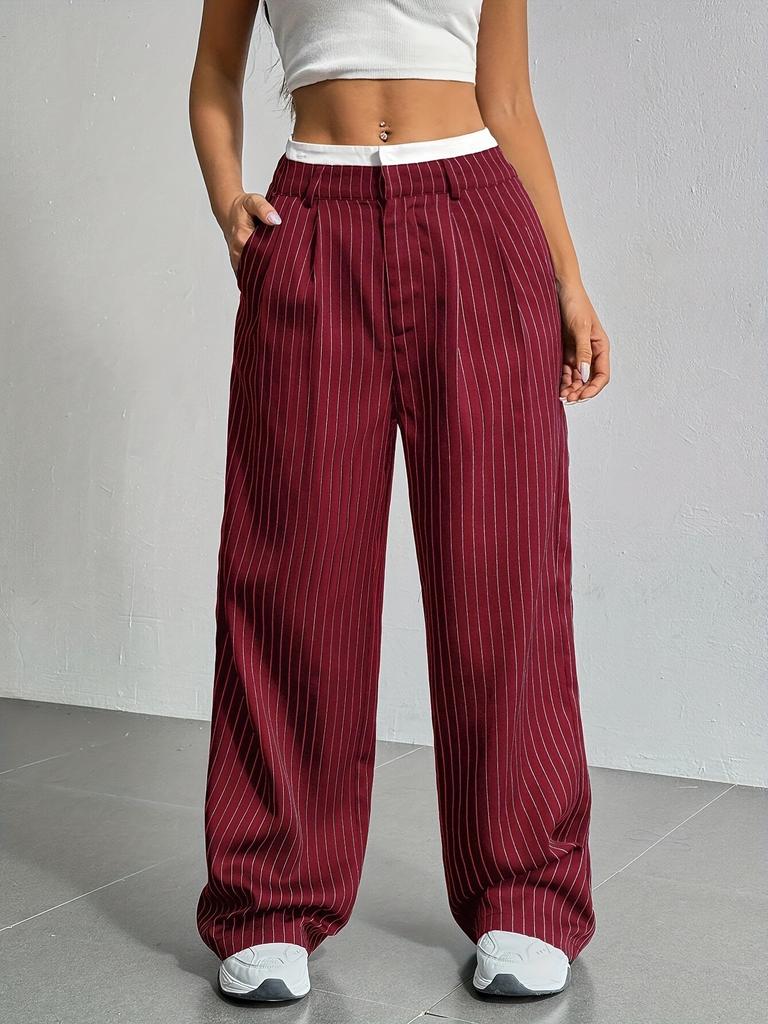 Women's Trousers Japanese and Korean Casual High Waist Color Matching Simple Drape Striped Straight Trousers Wide Legs