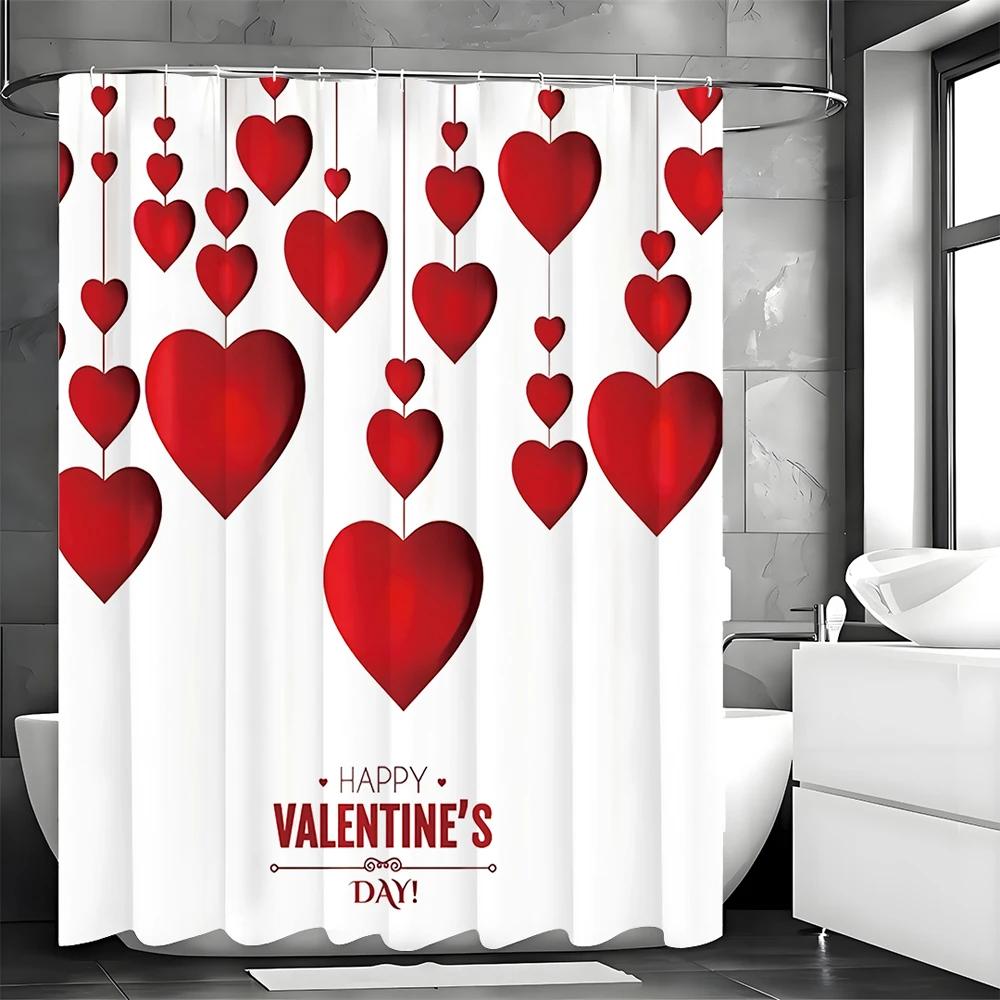 Valentýnský sprchový závěs s motivem lásky, Dekorativní sprchový závěs do koupelny, Vodotěsný sprchový závěs s háčky