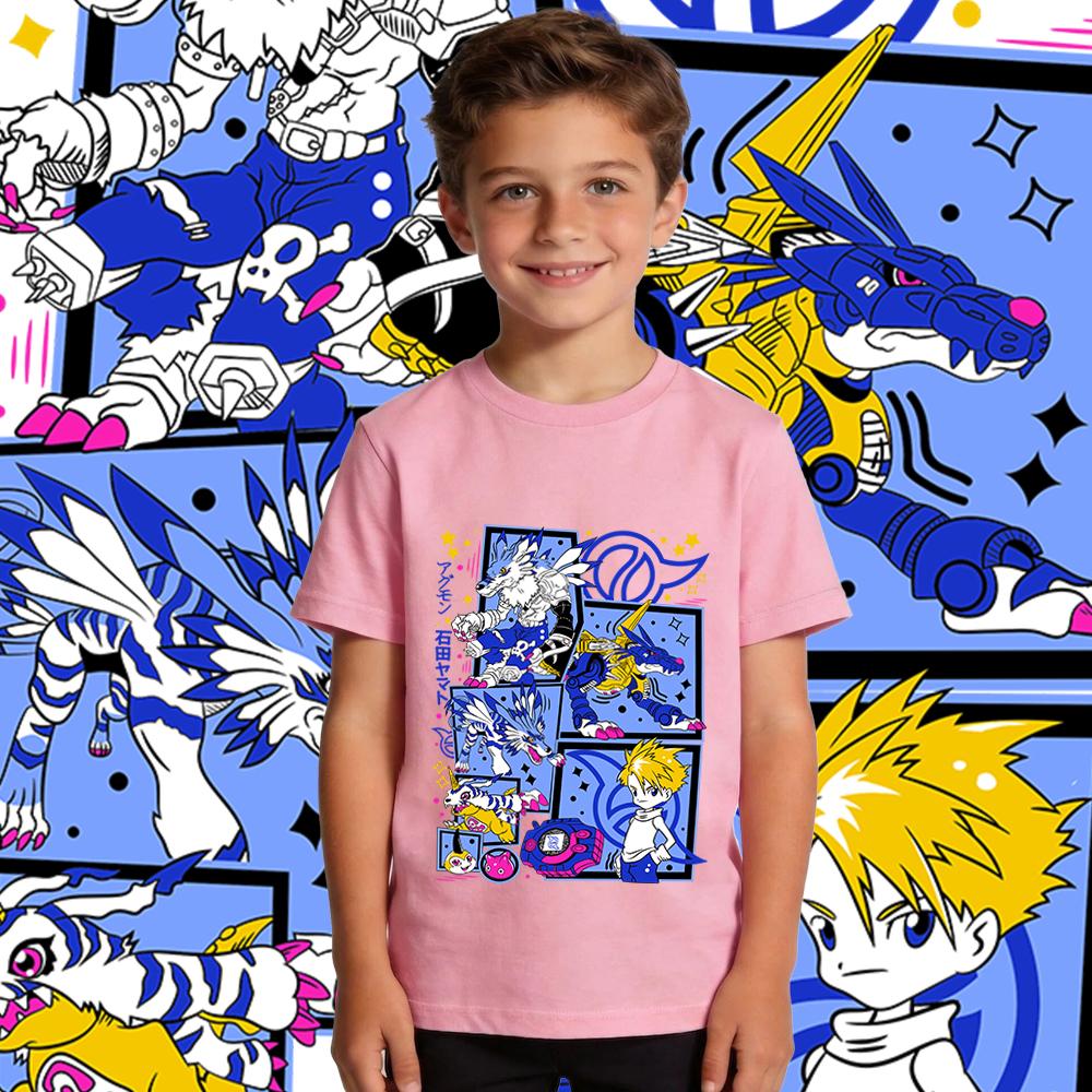 Digimon Ishida Yamato X Gabumon Anime Print Boys Girls Cotton T Shirt Casual Short Sleeve Top Kids Summer Clothes
