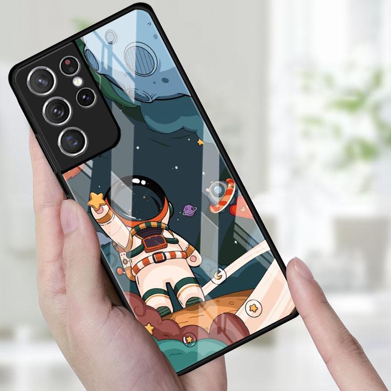 Handy Glas Hülle Für Samsung Galaxy S22 S21 S20 Ultra FE S9 S10 S8 Plus Note 20 10 Lite 9 8 Hülle Coque Süß im Weltraum Astronaut