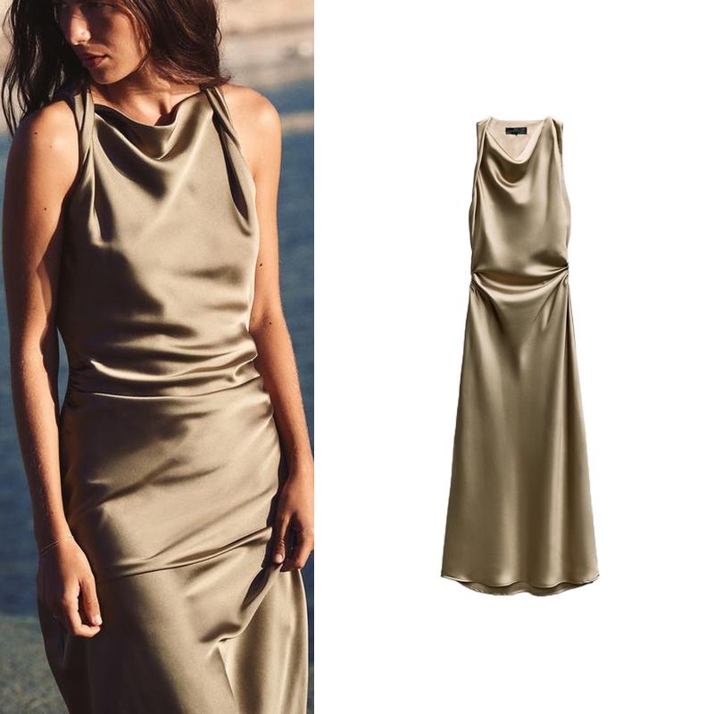 Spring New Elegant Sexy Pleated Long Formal Dress Silk Satin Texture Midi Skirt Dress 2124305