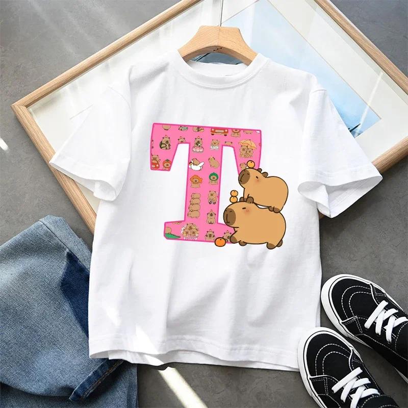 New Capybara Kids T-shirt Cute Cartoon Capibara A-Z Letter Cotton Tee Shirt Girls Summer Short Sleeve Tops Child Clothes Gifts