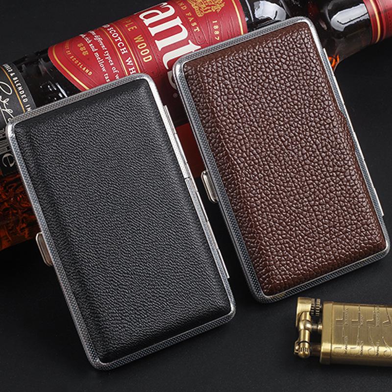 Black Leather Slim Cigarette Case with Rubber Band - Holds 20, Men's Portable and Stylish Smoking Accessory