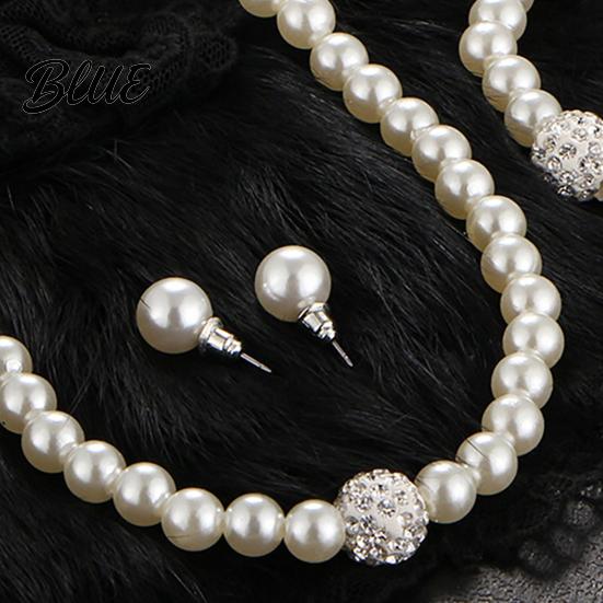 Imitation Pearl Jewelry 46024 Set Adjustable Length Necklace Ear Studs