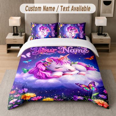 Unicorn Theme Custom Text Or Name 3Pcs Bedding Set 1 Flat Sheet & 2 Pillowcases Personalized Home Bedding