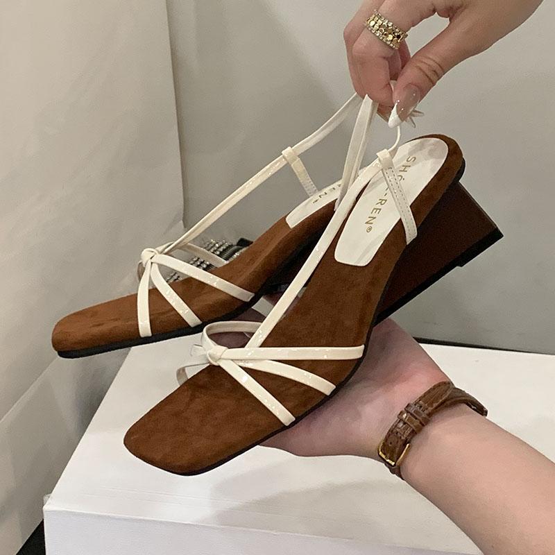 Fashion New 2025 Fashion Wedges Elegant Women Heeled Sandals Shoes Female Slides Footwear Square Toe Ladies Heeled Sandals Shoes Pumps