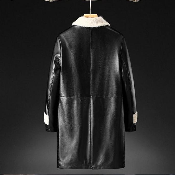 Women's Winter Fleece-lined Leather Jacket Mid-length Turn-down Collar PU Leather Jacket