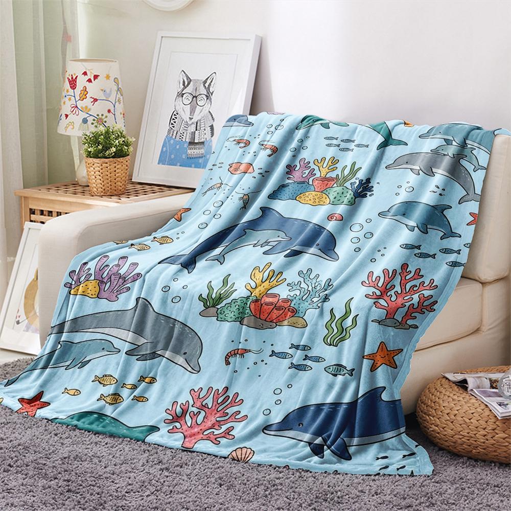 1PC Cute Marine Animals Print Flannel Blanket, High quality All Seasons, Home Decor, Warmth and Comfort, Perfect for Christmas Gifts
