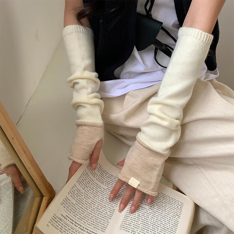 Imitation Wool Knitted Gloves For Women Winter Warm Arm Sleeves Touch Screen Mittens Separate Fingers Color Blocking Arm Cover