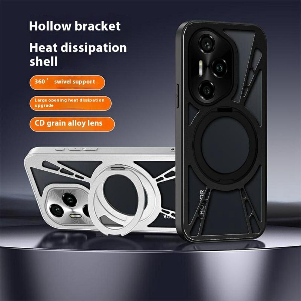 

For Honor 300 Pro Case Magnetic Kickstand Hollow Heat Dissipation Silicone+PC+Metal Bumper Phone Cover Silver