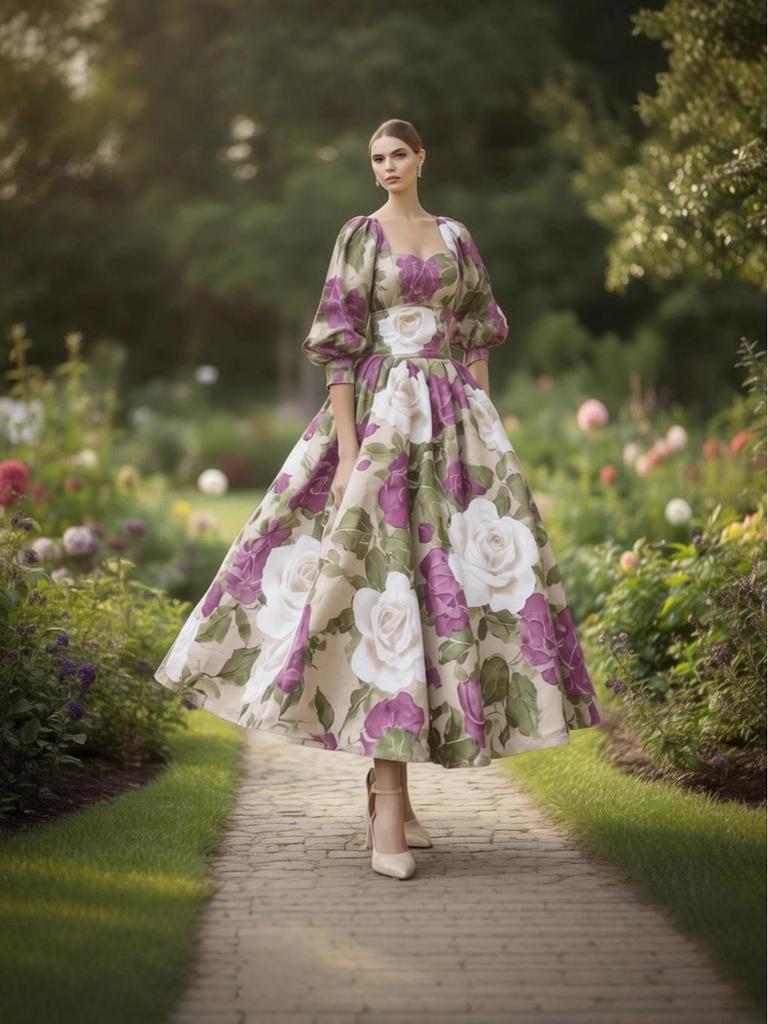 French Vintage Rose Print Puff Sleeve Dress - Elegant A-line Spring Garden Outfit