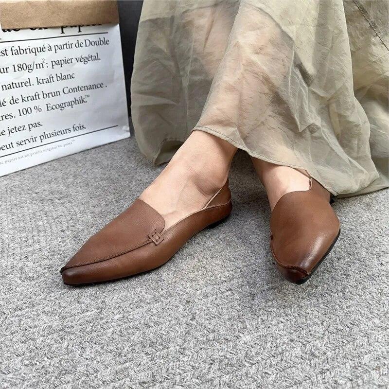 Johnature Retro Women Genuine Leather Pointed Toe Flats Shoes Handmade Shallow Soft Sole Solid Color Slip-on Shoes