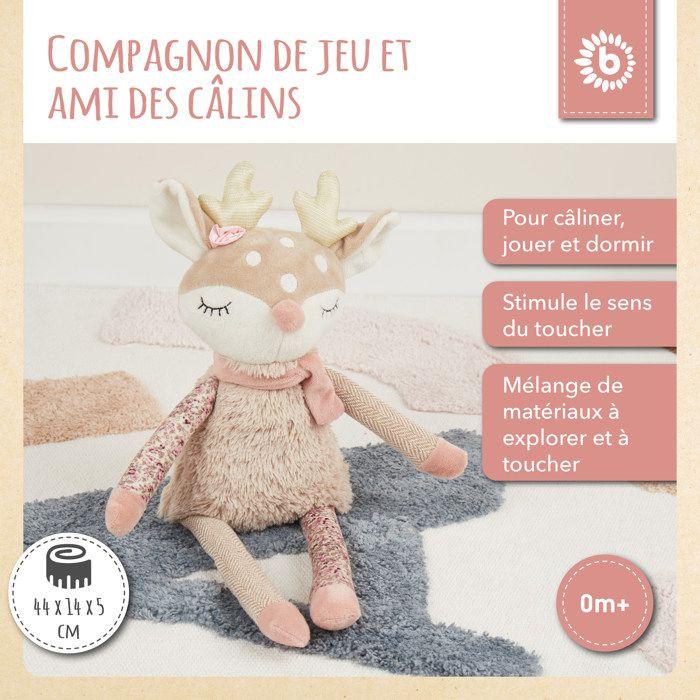Peluche - bieco - doudou biche ella - taille 40 cm - rose - pour bébé fille