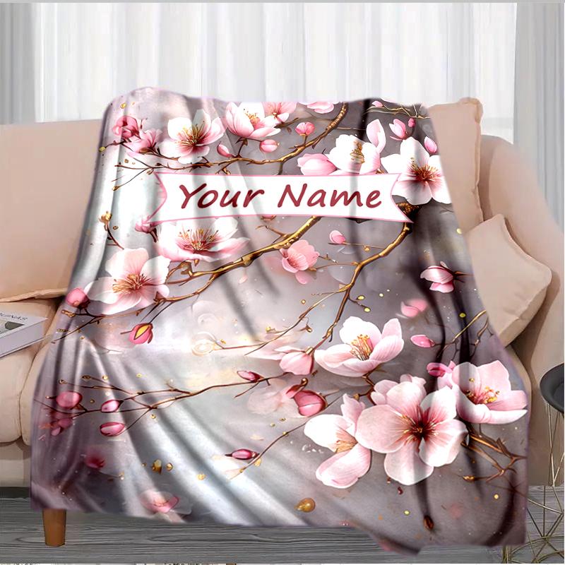 1PC Custom Name Cherry Blossom Art flannel blanket versatile,all-season throw suitable for the living room,bedroom,camping,travel,and gift