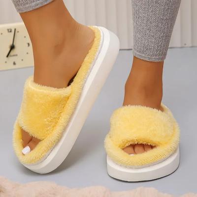Dicke flauschige Fellpantoffeln Damen 2025 Neu Winter Haus Warme pelzige Hausschuhe Zuhause Flache Innenschuhe Pantoletten Damen Zapatos De Mujer