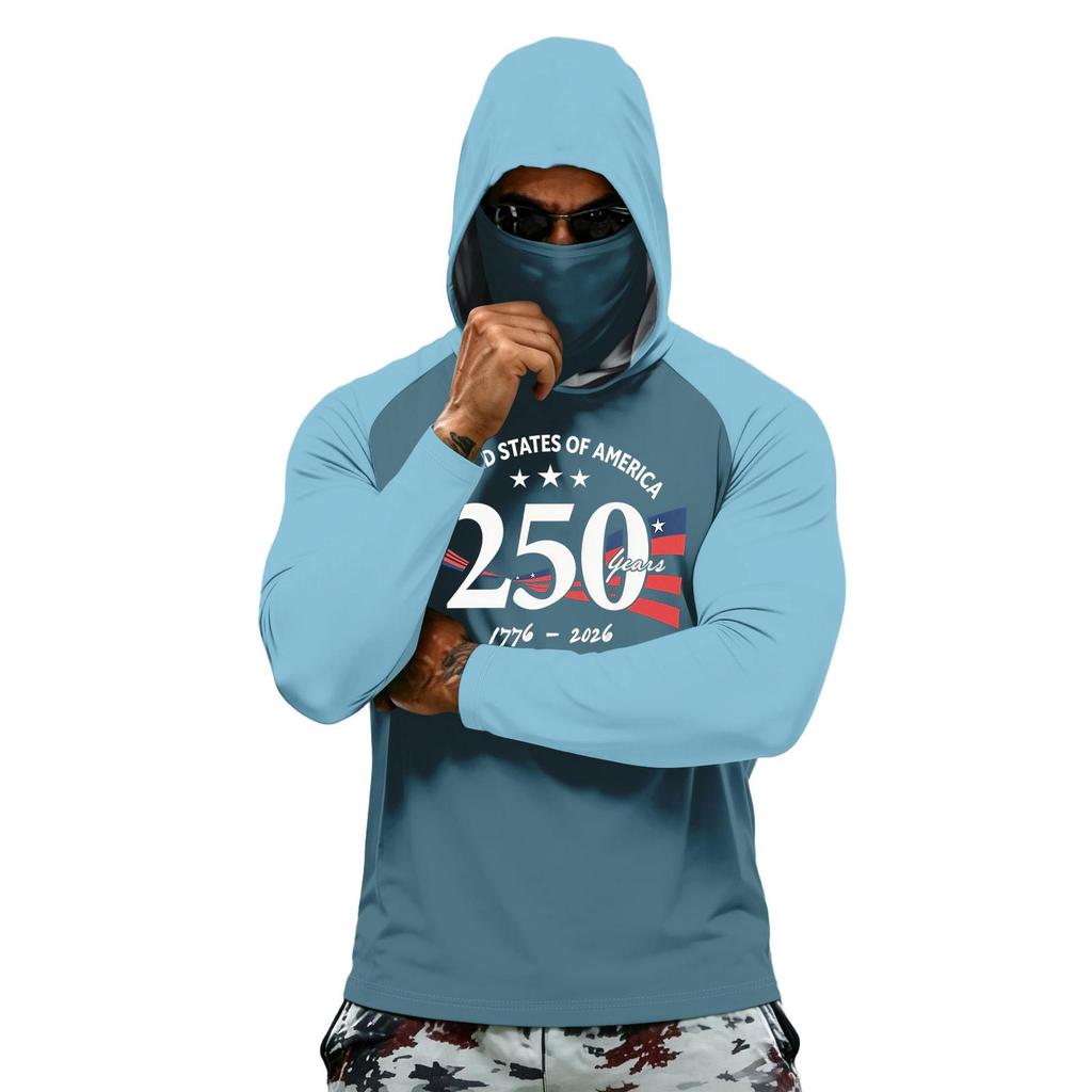 Men Long Sleeve Hooded Sun Protection Shirt with National Flag Graphic Quick Dry Lightweight Athletic Top for Outdoor Activities