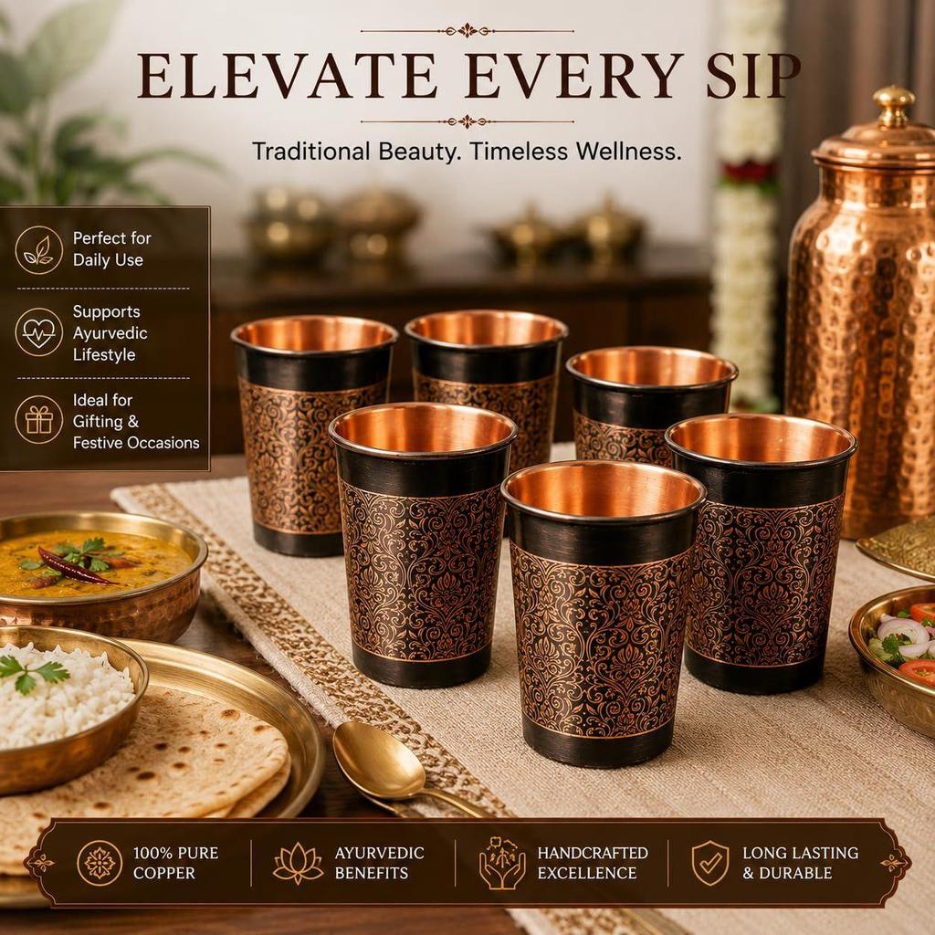 Pure Copper Water Glass Set of 6 with Elegant Etching Design, 300ml Handmade Ayurvedic Drinking Tumblers for Daily Use, Dining