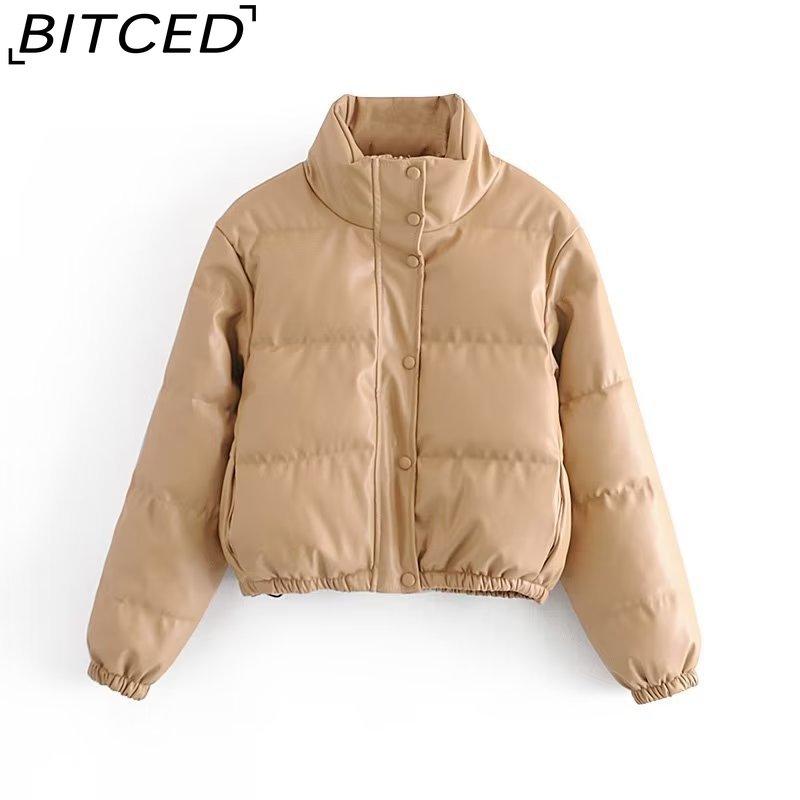 BITCED Fashion Casual Solid-Colour Minimalist Faux Leather Cotton Jacket for Women Winter Stand Collar Jacket