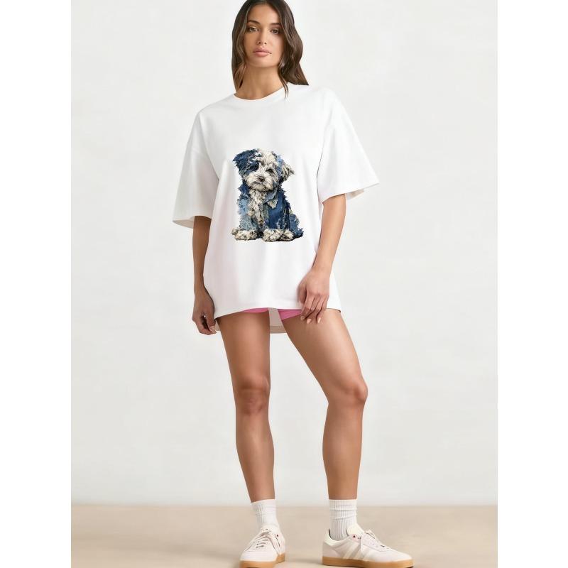 Oversized T Shirt Black Dog Print Casual Wear for Women Streetwear Fashion Loose Fit Top Summer Outfit