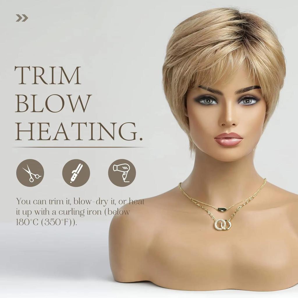 HAIRCUBE Blonde Golden Dark Root Layered Remy Human Hair Wigs Short Bob Pixie Cut Natural Wave Wig with Bangs Human Hair Wigs for Women