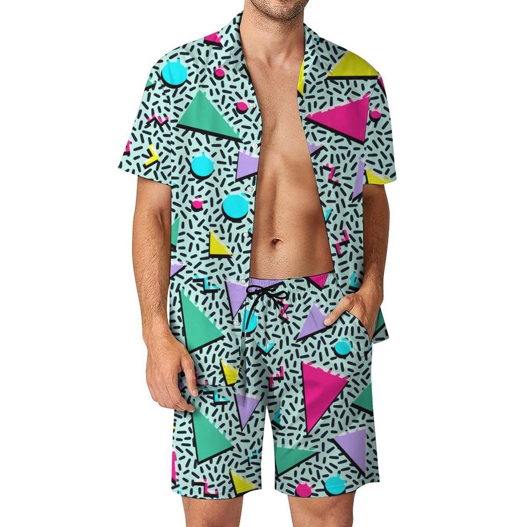Herren Casual Locker Hemd Set Hawaiianische Küste 3D Digitaldruck Strand Kurzarm