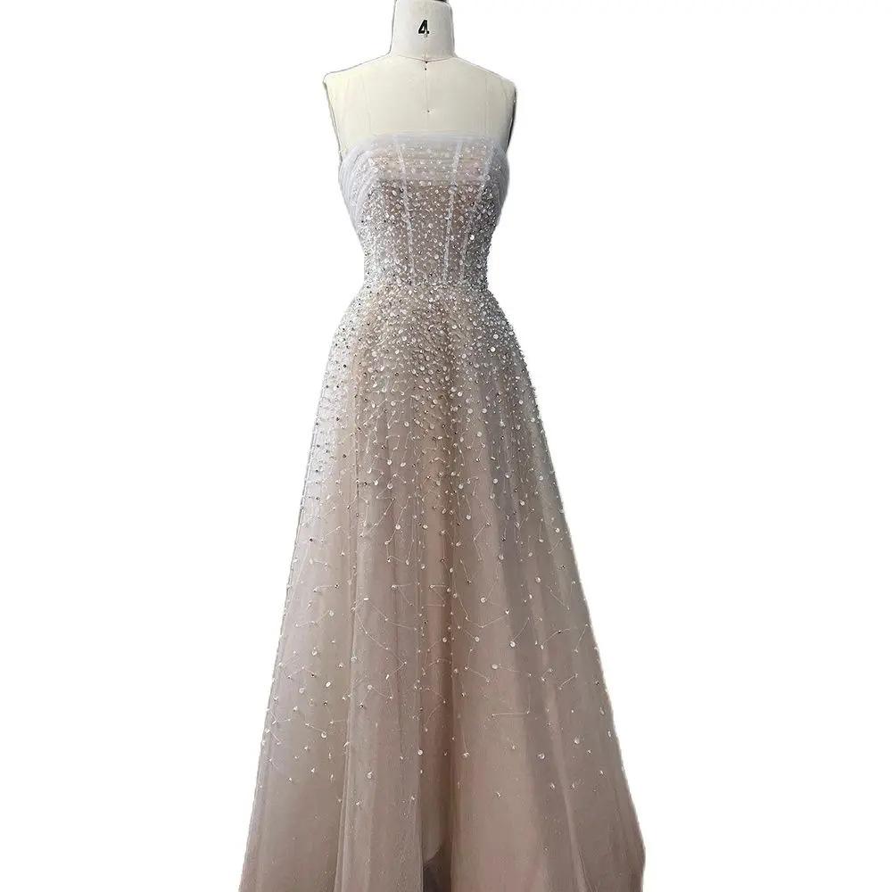 Off-white tube top A-word beaded long dress party celebrity host art test performance evening dress LA11009