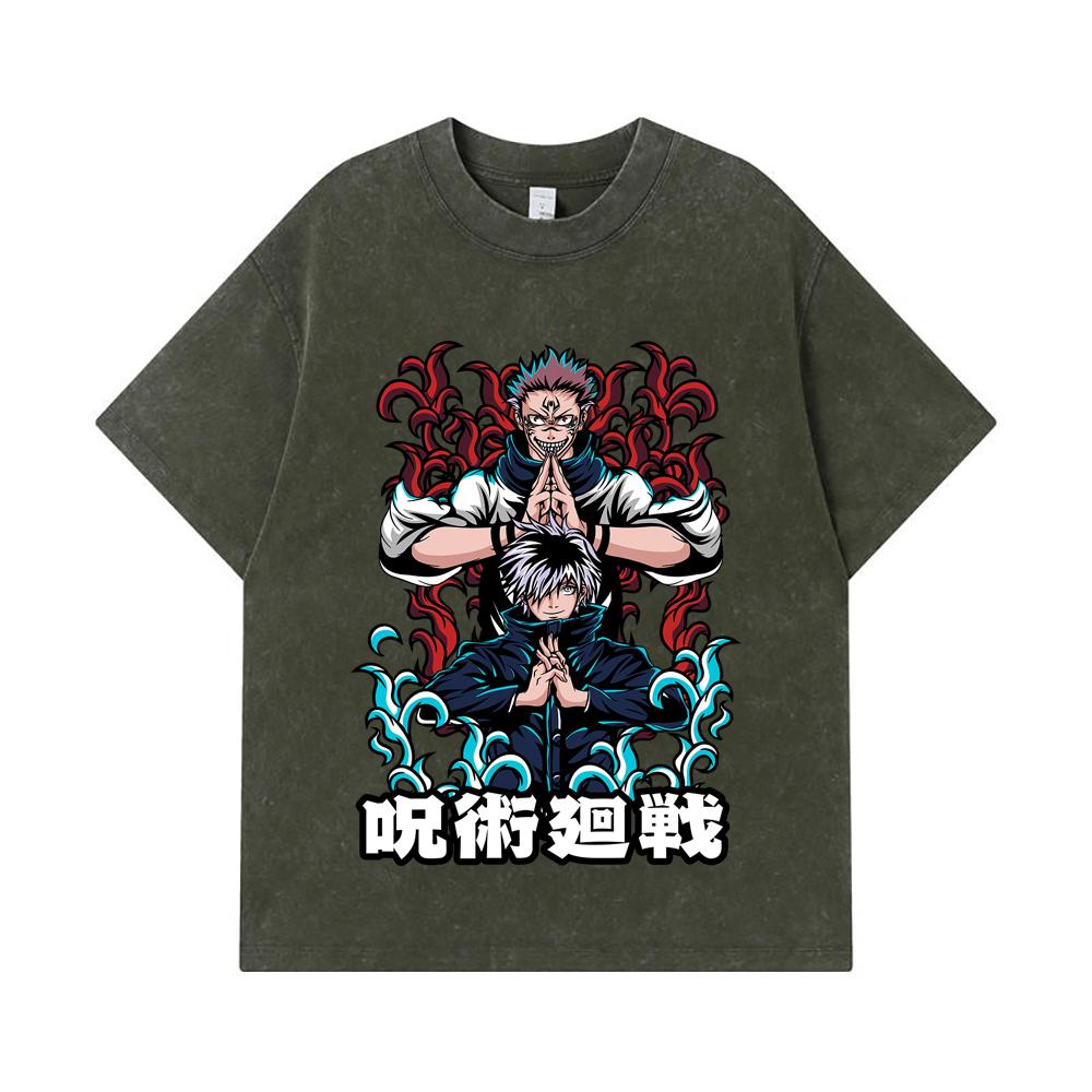 

275 GSM Washed T-shirts 100% Cotton Jujutsu Kaisen V49 Gojo Sukuna Print Unisex Heavy Cotton T Shirt S армия зеленый
