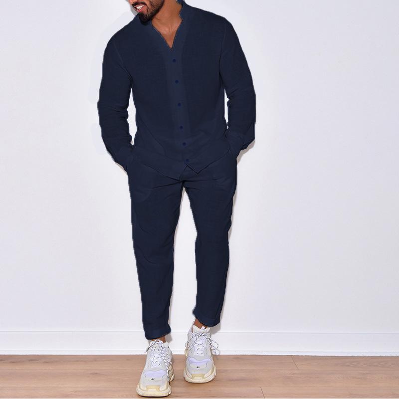 Completo Estivo Casual da Uomo in Lino Beige a 2 Pezzi: Camicia con Collo alla Mandarina e Pantaloni Conici