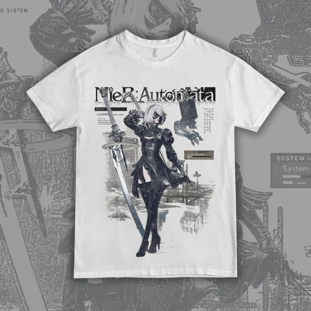 

отрицать: Футболка Automata 2B Vintage Game UI, Унисекс Уличная одежда для фанатов видеоигр, Повседневный топ с коротким рукавом, 100% хлопок 4XL
