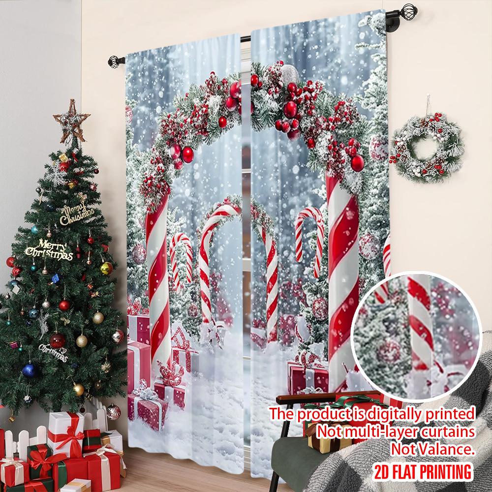 2 Stück 2D Flachdruck Frohe Weihnachten Vorhänge Zuckerstangen Weihnachtssüßigkeiten 100% Polyester Ohne Strom Frühlingsparty &
