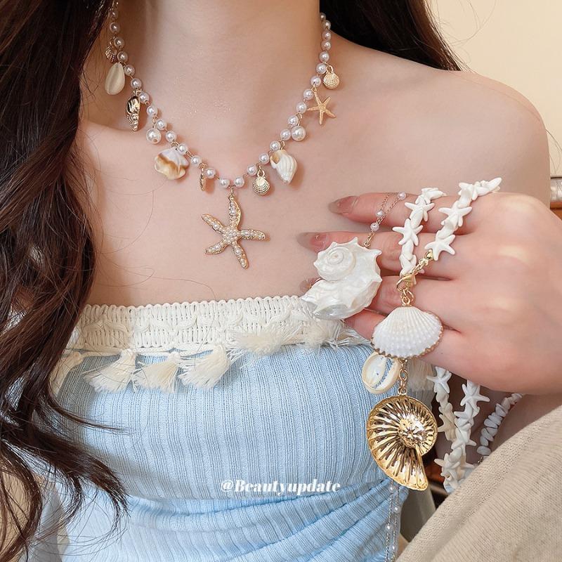 Sea Breeze Whispering~ Star Shell Conch Pearl Necklace Bracelet Set Sweet Holiday Wind Huge Good-looking Jewelry Women