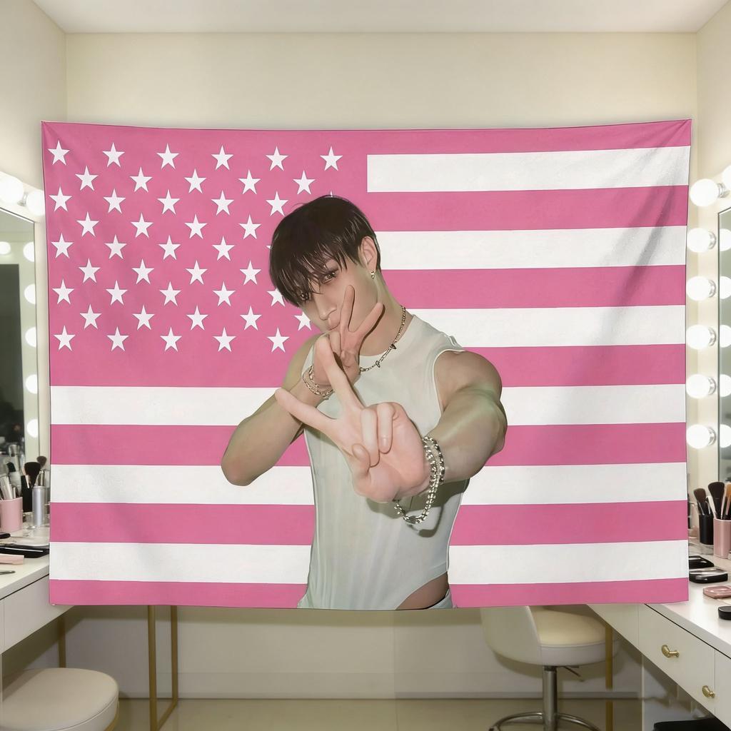 Pink White US Flag Tapestry Kpop Bang Chan Theme Wall Art Aesthetic Dorm Bedroom Living Room Decor Ideal Gift