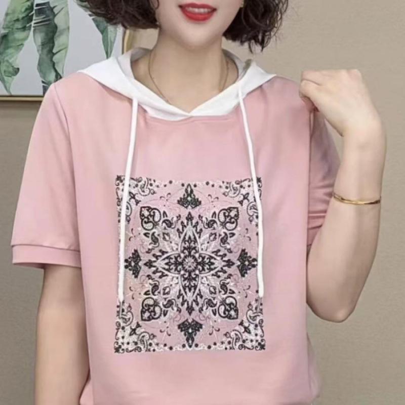 Women's Hooded Short Sleeve Loose Fit Top Casual Colorblock Summer T-Shirt
