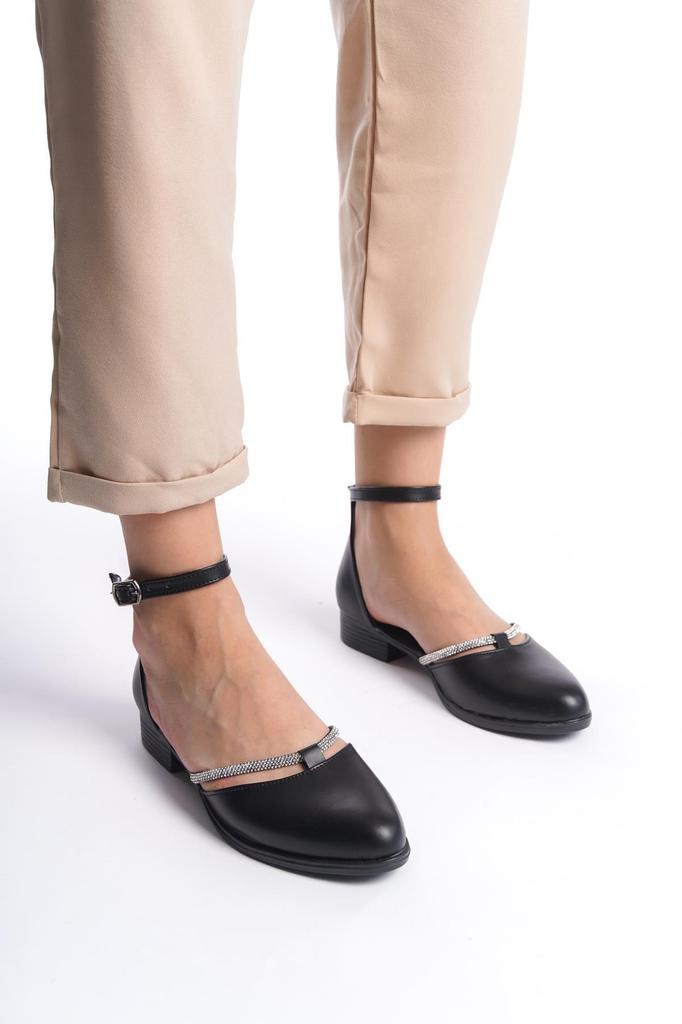 Women's Flat Shoes Trey Black Skin Stone Detailed Ballerinas with Open Sides