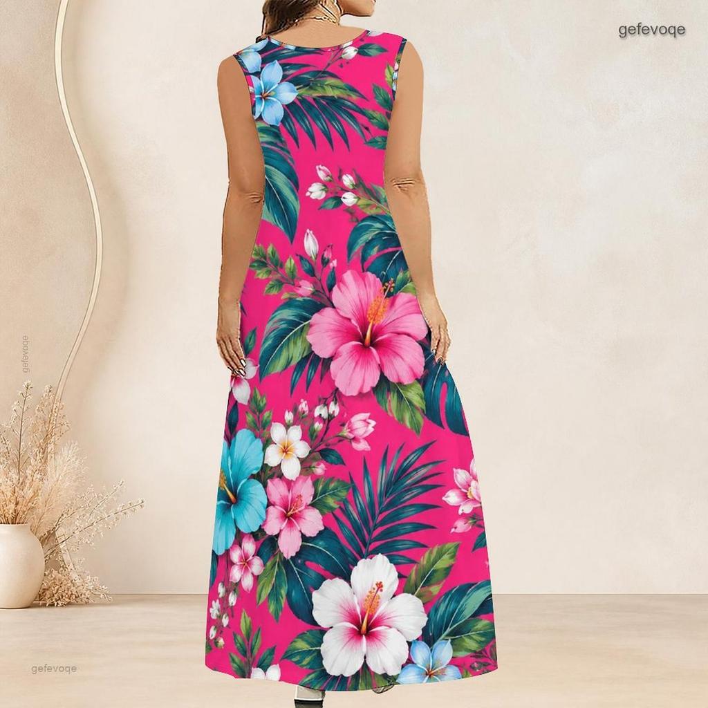 Women Plus Size Scoop Neck Sleeveless Printed Orange A Line Maxi Dress