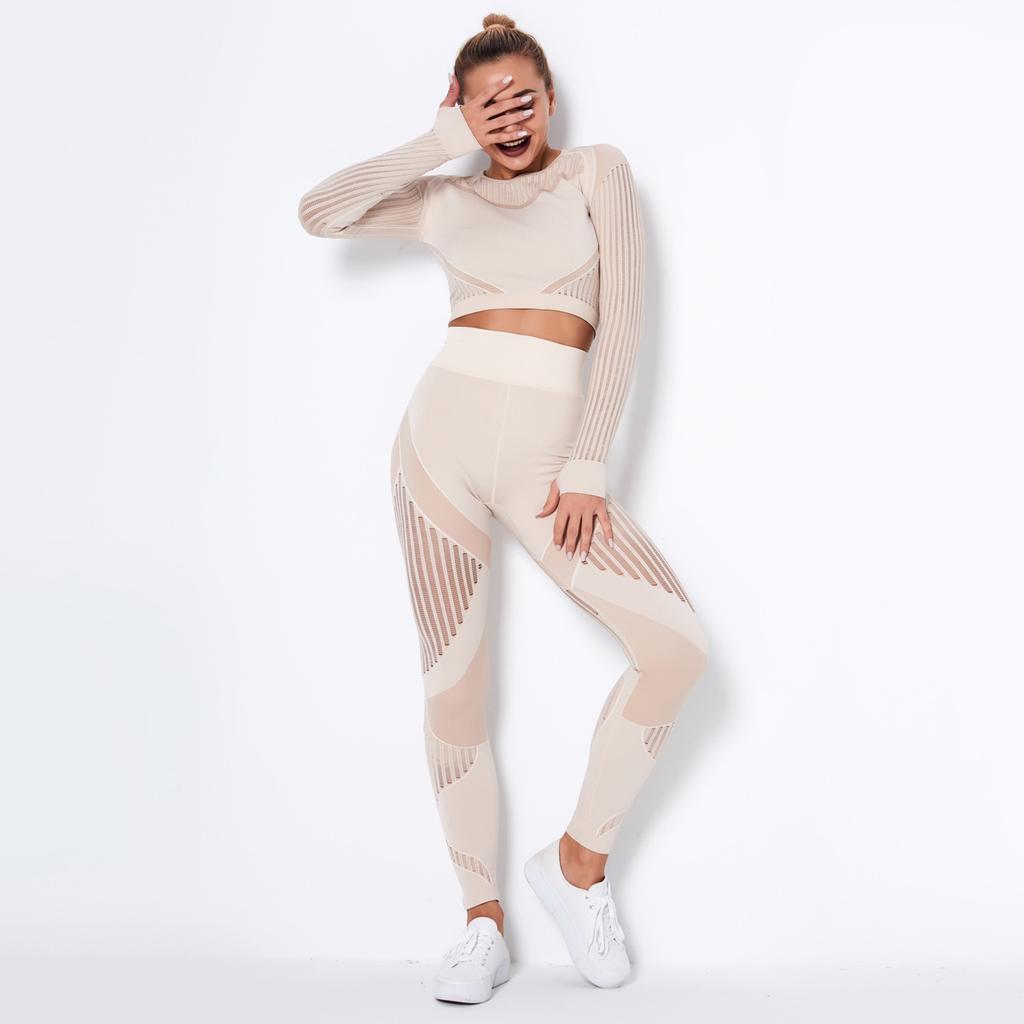 Set Yoga Donna 2 Pezzi Completi Senza Cuciture Manica Lunga Sexy Rete Forata Traspirante Set Palestra Push Up Tuta Abbigliamento Sportivo