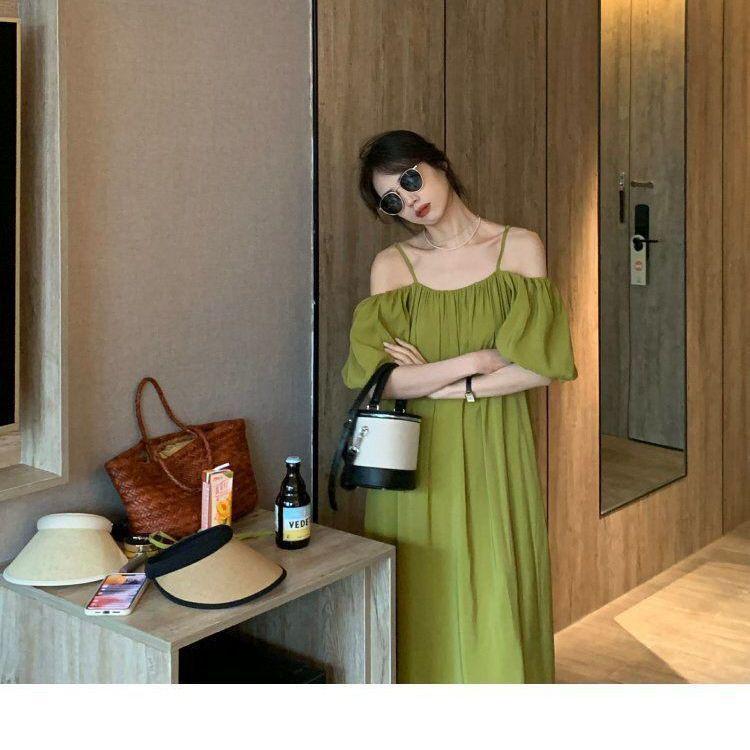 Women's Summer 2025 Green Spaghetti Strap Off-the-Shoulder Maxi Dress - Elegant French Beachwear