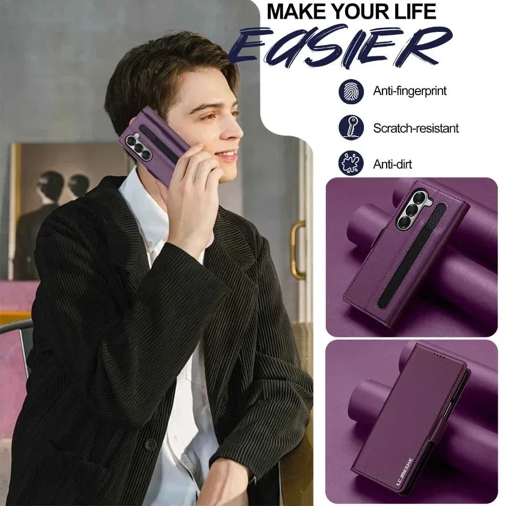 Premium Leather Phone Case for Samsung Galaxy Z Fold 7 6 5 4 3 Fold6 Fold5 Fold4 5G with Pen Holder Wallet Flip Phone Cover