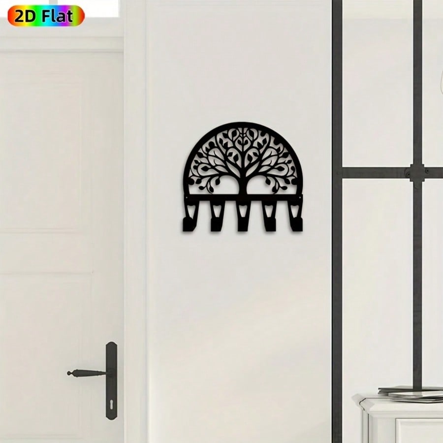 Wall Mounted Iron Key Holder with 5 Hooks, Hand Forged Rustic Artisan Metal Wall Decor, Gift for Nature Lover, Christmas Home Entryway Organizer