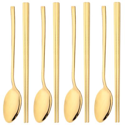 Gold Stainless Steel Cutlery Set Sushi Sticks Dinner Spoons Set 8Pcs Dinnerware Korean Chopsticks Dessert Spoon Flatware Set