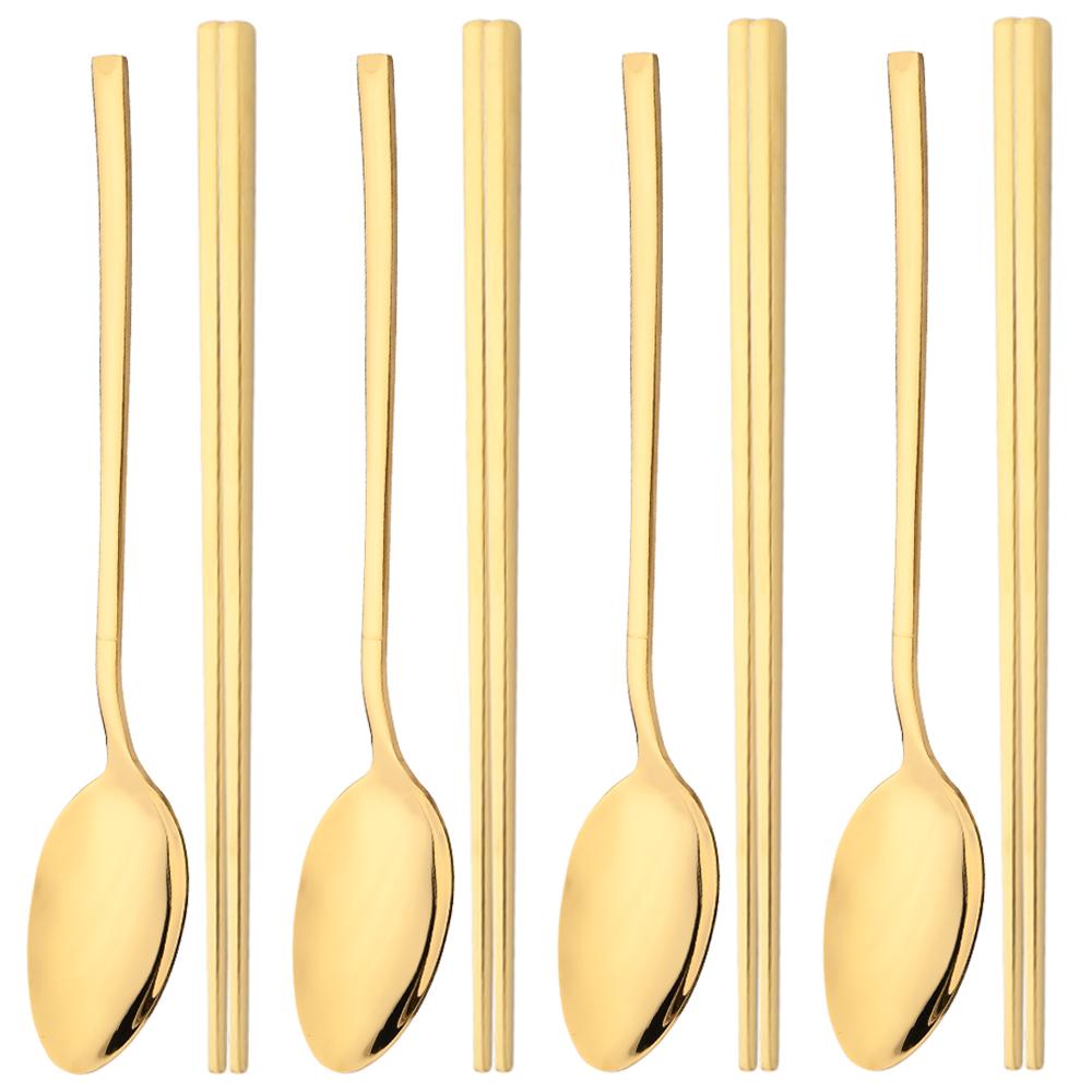 Gold Stainless Steel Cutlery Set Sushi Sticks Dinner Spoons Set 8Pcs Dinnerware Korean Chopsticks Dessert Spoon Flatware Set