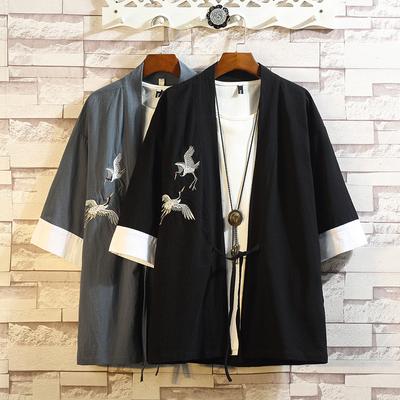Chinese Style Tang Suit Fashion Embroidery Hanfu Chinese Style Men's Linen Cloak Ethnic Robe Retro Cotton and Linen Shirt Men