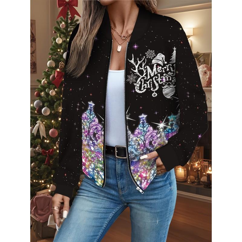 Womens Casual Zip-Up Jacket With 3D Letter Print Fashion Lightweight Outerwear Daily Wear