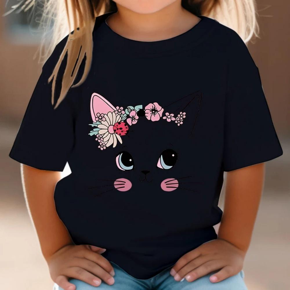 Girl Clothes Cute Floral Cat Pattern Summer Short Sleeve Tops Animal Cartoon Print Tees Fashion O-Neck Loose Children's Clothing
