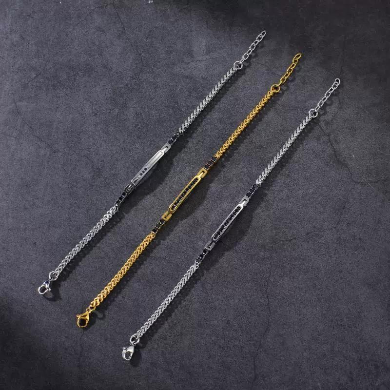 Custom Stainless Steel Fashion Bracelet Polished Black Zircon Inlaid Hip Hop Trendy Mens Street Wear Accessory