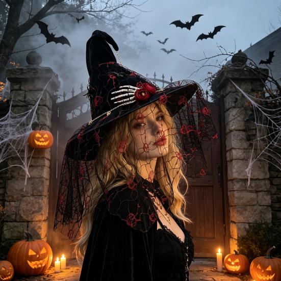 Creative Halloween Props Punk Skeleton Hand Witch Hat with Spider And Veil, Black Large Reusable Holiday Ornaments Wizard Costume Accessory