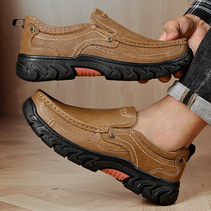 Handmade Men's Slip-On Loafers Hands-Free Casual Dress Shoes Durable Genuine Leather Walking Shoes Non-Slip Rubber Sole Footwear